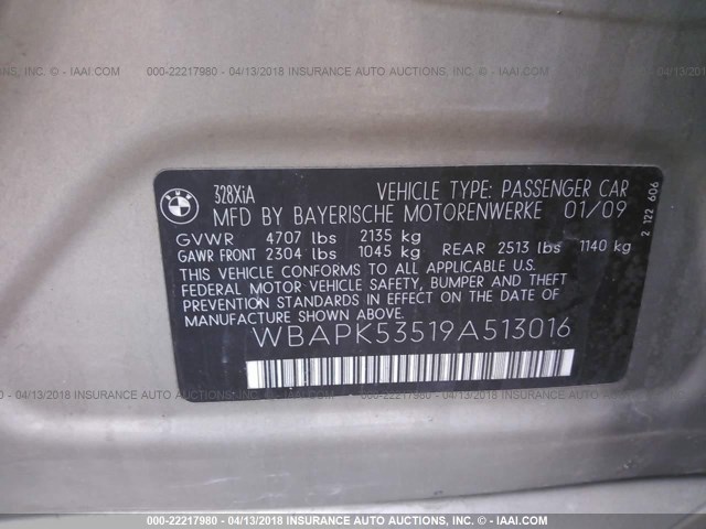 WBAPK53519A513016 - 2009 BMW 328 XI SULEV TAN photo 9