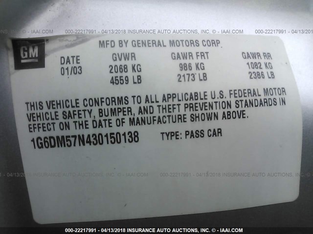 1G6DM57N430150138 - 2003 CADILLAC CTS SILVER photo 9