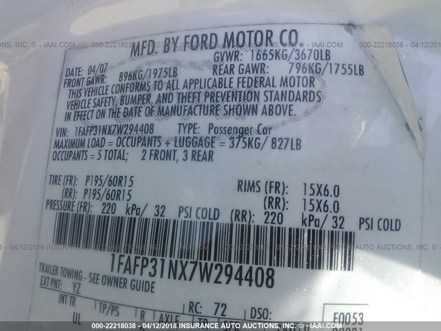 1FAFP31NX7W294408 - 2007 FORD FOCUS ZX3/S/SE/SES WHITE photo 9