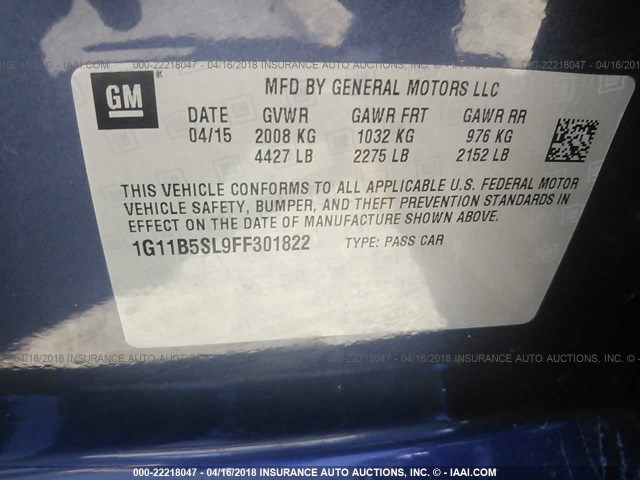 1G11B5SL9FF301822 - 2015 CHEVROLET MALIBU LS 灰色 照片 9