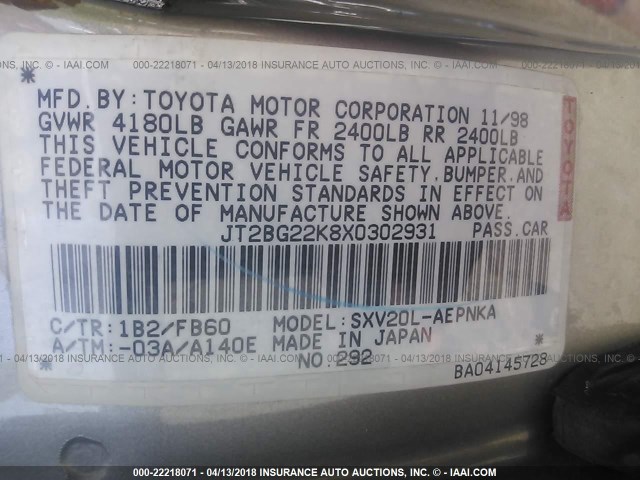 JT2BG22K8X0302931 - 1999 TOYOTA CAMRY LE/XLE TAN photo 9