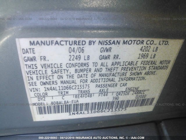 1N4AL11D66C215575 - 2006 NISSAN ALTIMA S/SL TEAL photo 9