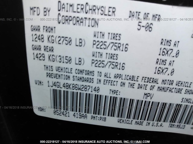 1J4GL48K86W287140 - 2006 JEEP LIBERTY SPORT Qara foto 9