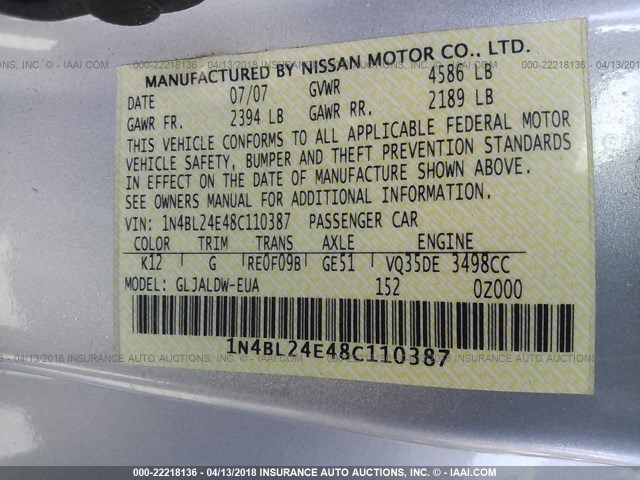 1N4BL24E48C110387 - 2008 NISSAN ALTIMA 3.5SE SILVER photo 9