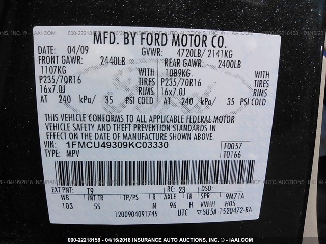 1FMCU49309KC03330 - 2009 FORD ESCAPE HYBRID GRAY photo 9