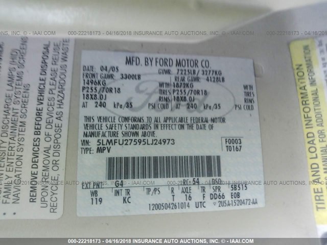 5LMFU27595LJ24973 - 2005 LINCOLN NAVIGATOR 白色 照片 9