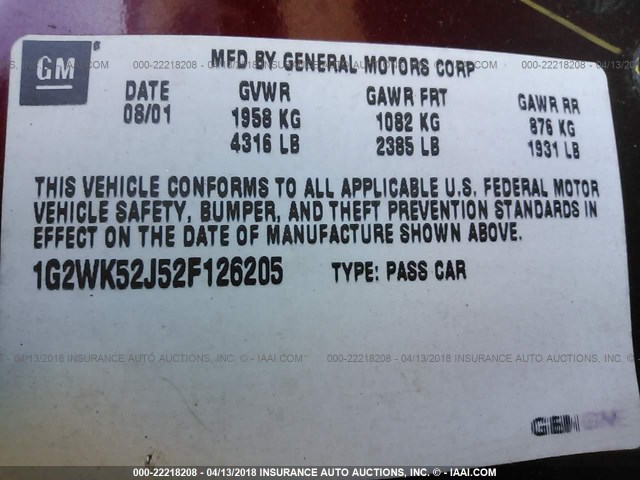 1G2WK52J52F126205 - 2002 PONTIAC GRAND PRIX SE ბურგუნდია ფოტო 9