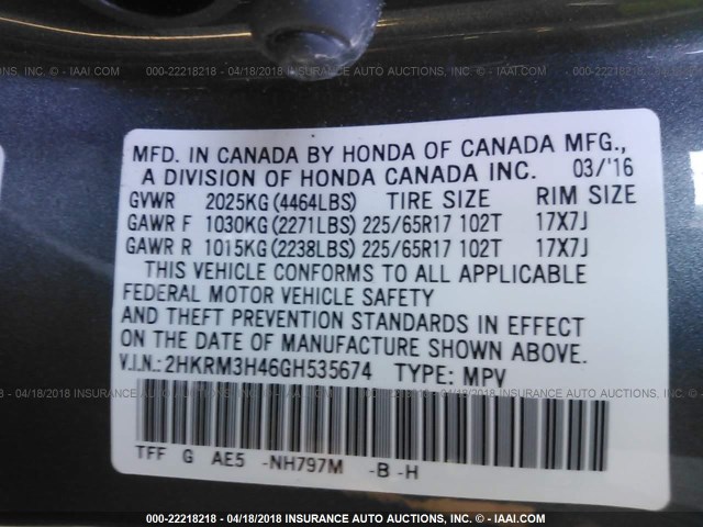 2HKRM3H46GH535674 - 2016 HONDA CR-V SE GRAY photo 9