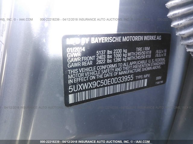 5UXWX9C50E0D33955 - 2014 BMW X3 XDRIVE28I Light Blue photo 9