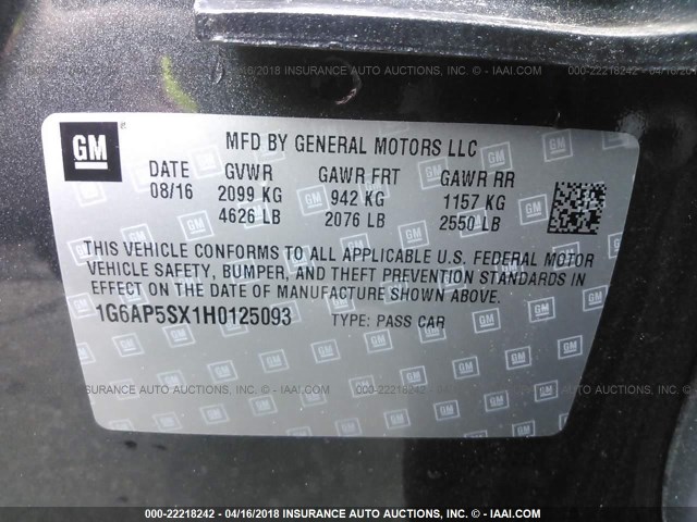 1G6AP5SX1H0125093 - 2017 CADILLAC CTS GRAY photo 9