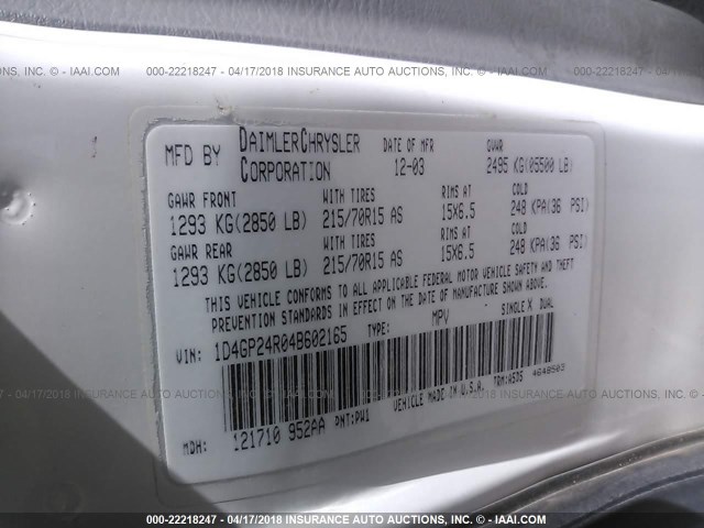 1D4GP24R04B602165 - 2004 DODGE GRAND CARAVAN SE WHITE photo 9