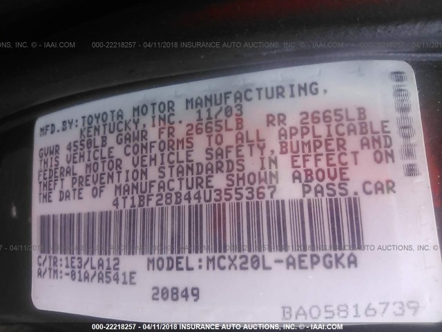 4T1BF28B44U355367 - 2004 TOYOTA AVALON XL/XLS GRAY photo 9