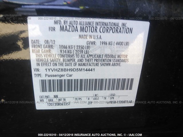 1YVHZ8BH9D5M14441 - 2013 MAZDA 6 SPORT BLACK photo 9