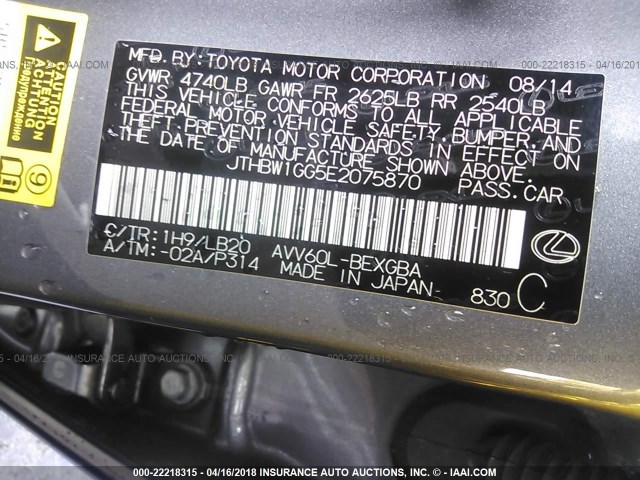 JTHBW1GG5E2075870 - 2014 LEXUS ES 300H GRAY photo 9