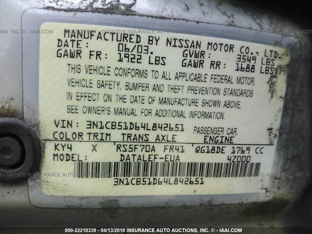 3N1CB51D64L842651 - 2004 NISSAN SENTRA 1.8/1.8S SILVER photo 9