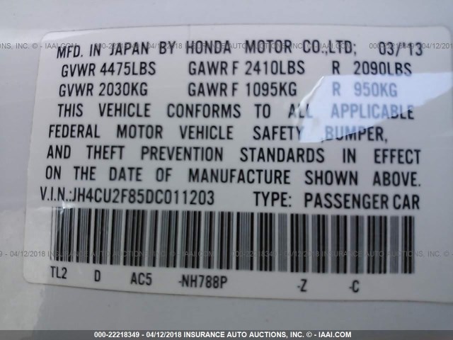 JH4CU2F85DC011203 - 2013 ACURA TSX SE WHITE photo 9