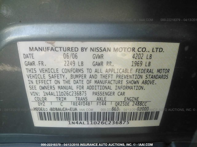 1N4AL11D26C236875 - 2006 NISSAN ALTIMA S/SL GREEN photo 9