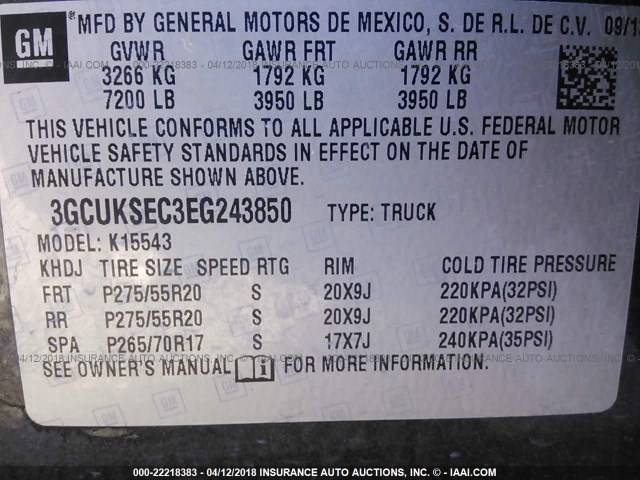 3GCUKSEC3EG243850 - 2014 CHEVROLET SILVERADO K1500 LTZ GRAY photo 9