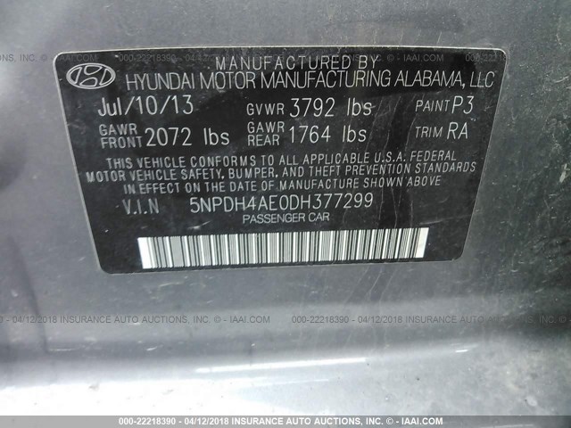 5NPDH4AE0DH377299 - 2013 HYUNDAI ELANTRA GLS/LIMITED GRAY photo 9