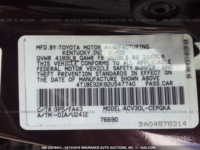 4T1BE32K92U547740 - 2002 TOYOTA CAMRY LE/XLE/SE შავი ფოტო 9