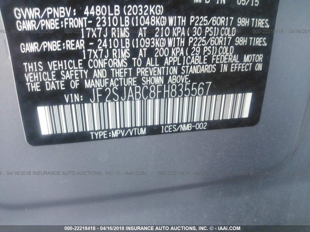 JF2SJABC8FH835567 - 2015 SUBARU FORESTER 2.5I SILVER photo 9