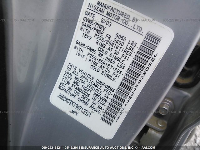 JN8DR09X73W712521 - 2003 NISSAN PATHFINDER LE/SE SILVER photo 9