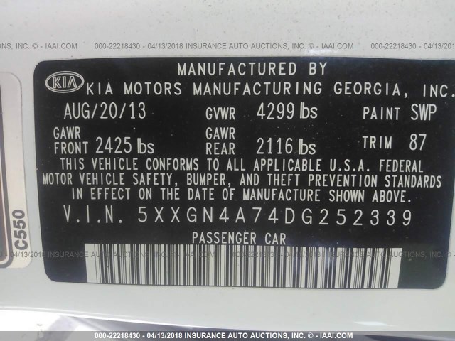 5XXGN4A74DG252339 - 2013 KIA OPTIMA EX WHITE photo 9