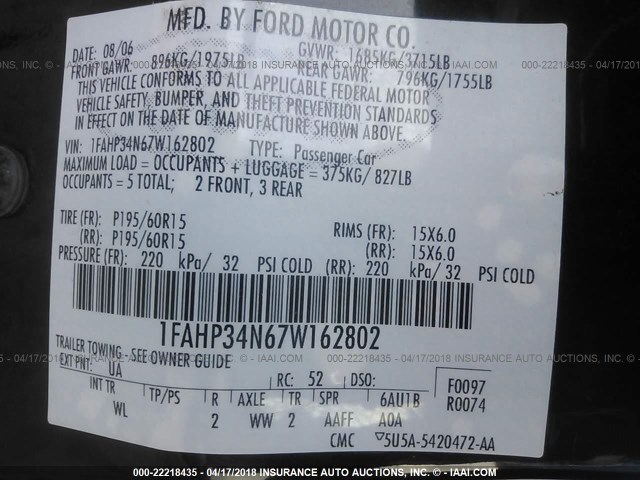 1FAHP34N67W162802 - 2007 FORD FOCUS ZX4/S/SE/SES 黑色 照片 9