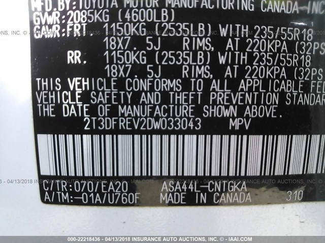 2T3DFREV2DW033043 - 2013 TOYOTA RAV4 LIMITED Սպիտակ լուսանկար 9