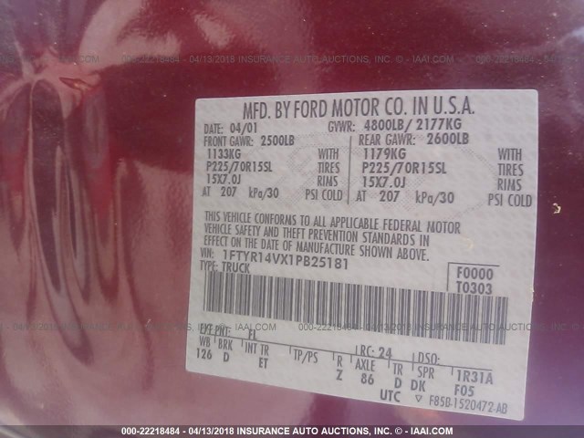 1FTYR14VX1PB25181 - 2001 FORD RANGER SUPER CAB RED photo 9
