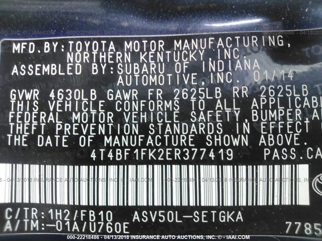 4T4BF1FK2ER377419 - 2014 TOYOTA CAMRY L/SE/LE/XLE BLACK photo 9