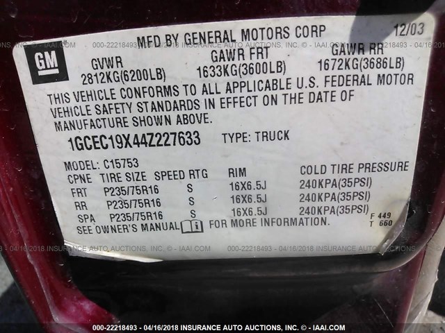 1GCEC19X44Z227633 - 2004 CHEVROLET SILVERADO C1500 MAROON photo 9