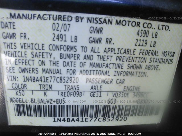 1N4BA41E77C852920 - 2007 NISSAN MAXIMA SE/SL GRAY photo 9