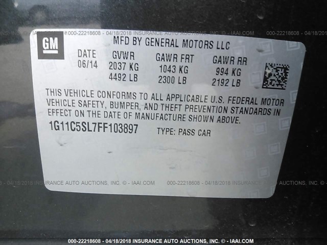 1G11C5SL7FF103897 - 2015 CHEVROLET MALIBU 1LT 灰色 照片 9