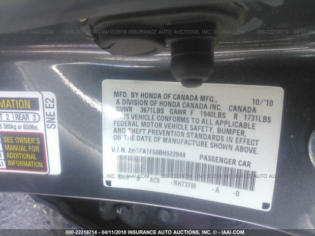 2HGFA1F60BH522944 - 2011 HONDA CIVIC LX-S GRAY photo 9