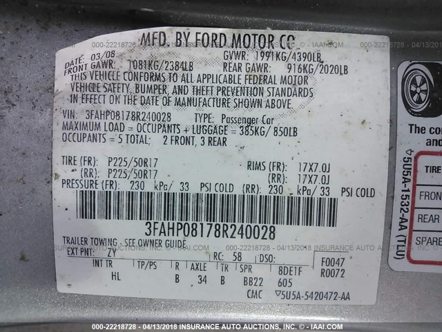 3FAHP08178R240028 - 2008 FORD FUSION SEL GRAY photo 9