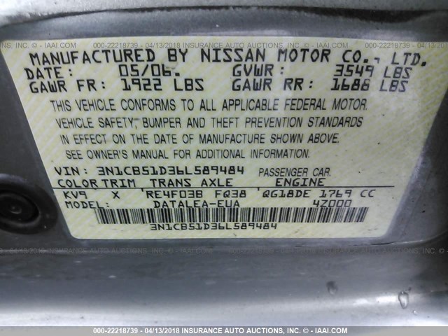 3N1CB51D36L589484 - 2006 NISSAN SENTRA 1.8/1.8S GRAY photo 9