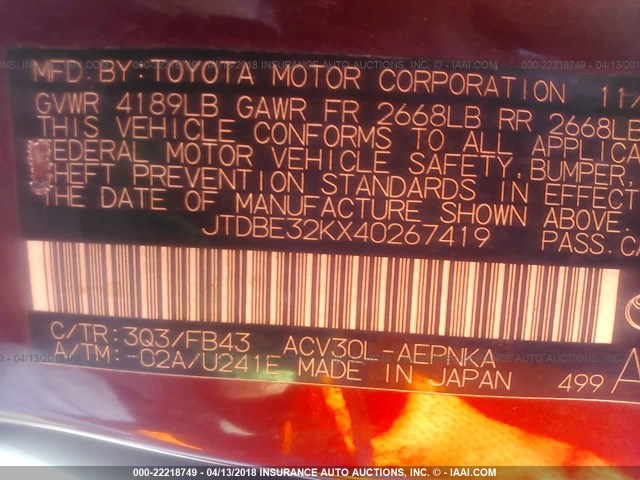 JTDBE32KX40267419 - 2004 TOYOTA CAMRY LE/XLE RED photo 9