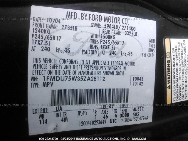 1FMDU75W35ZA28112 - 2005 FORD EXPLORER LIMITED შავი ფოტო 9