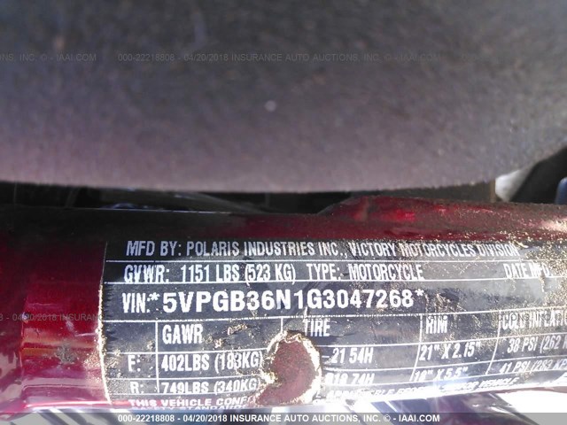 5VPGB36N1G3047268 - 2016 VICTORY MOTORCYCLES VEGAS მუქწითელი ფოტო 10