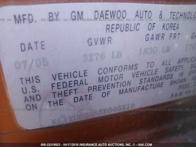 KL1TD62655B503810 - 2005 CHEVROLET AVEO LS ORANGE photo 9
