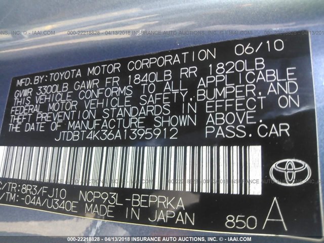 JTDBT4K36A1395912 - 2010 TOYOTA YARIS BLUE photo 9