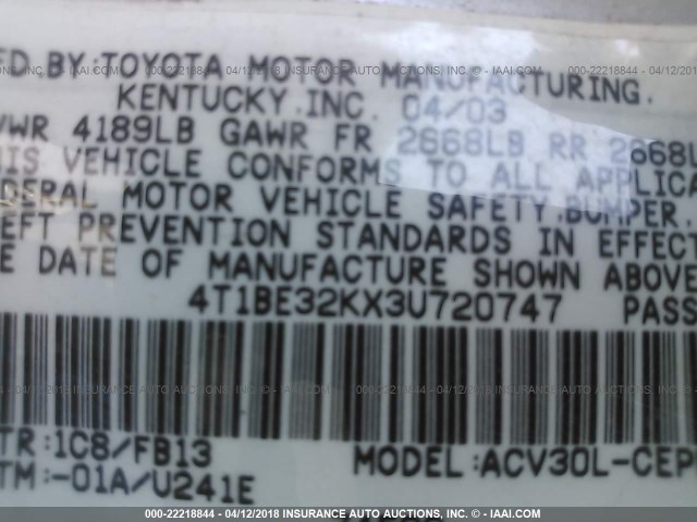 4T1BE32KX3U720747 - 2003 TOYOTA CAMRY LE/XLE/SE SILVER photo 9