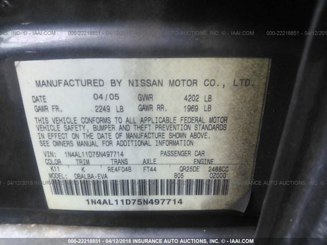 1N4AL11D75N497714 - 2005 NISSAN ALTIMA S/SL GRAY photo 9