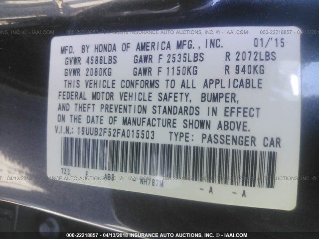 19UUB2F52FA015503 - 2015 ACURA TLX TECH GRAY photo 9