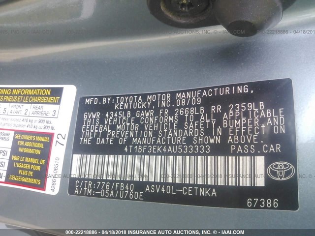 4T1BF3EK4AU533333 - 2010 TOYOTA CAMRY SE/LE/XLE Жасыл фото 9