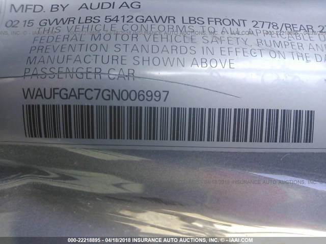 WAUFGAFC7GN006997 - 2016 AUDI A6 PREMIUM PLUS SILVER photo 9