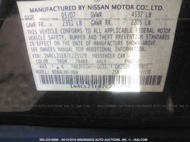 1N4CL21E87C225579 - 2007 NISSAN ALTIMA HYBRID BLACK photo 9