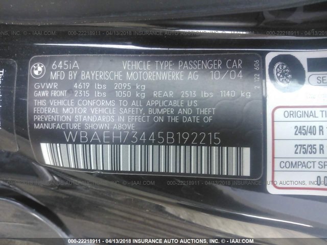 WBAEH73445B192215 - 2005 BMW 645 CI AUTOMATIC BLACK photo 9