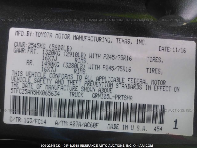 5TFCZ5AN5HX065634 - 2017 TOYOTA TACOMA DBL CAB/SR/TRDSPT/OR/PRO Boz foto 9